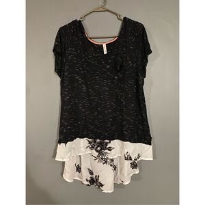 Xhilaration Black And White Floral High Low Short Sleeve Top XL